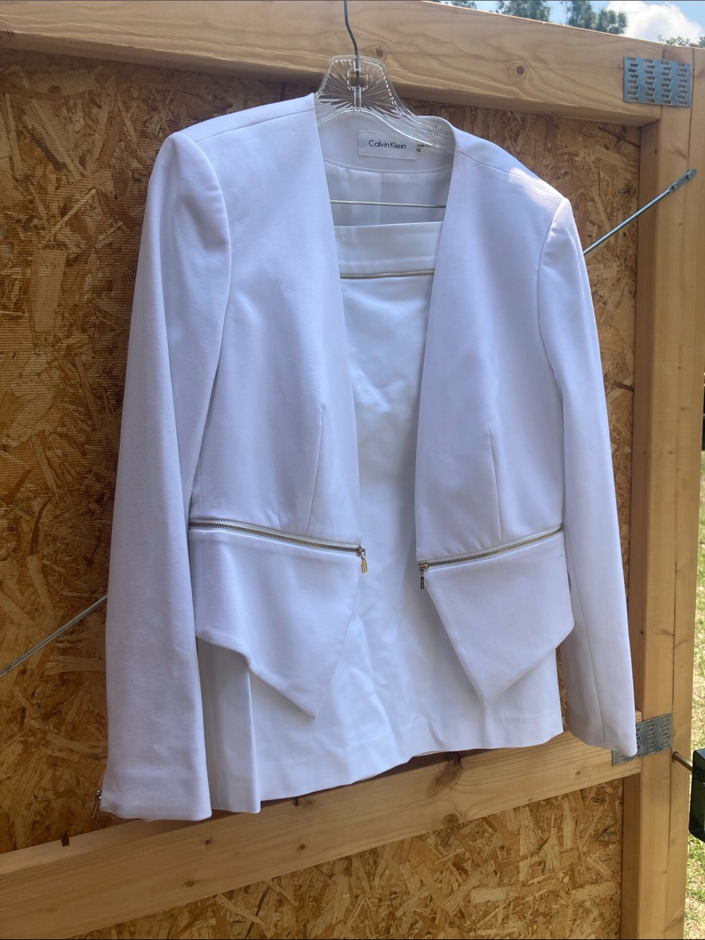 CALVIN KLEIN / 2 pieceWhite Open-Front Zip Pocket Blazer Jacket w/matching skirt